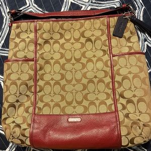 Coach Brown Signature with Burgundy Leather Trim Handbag